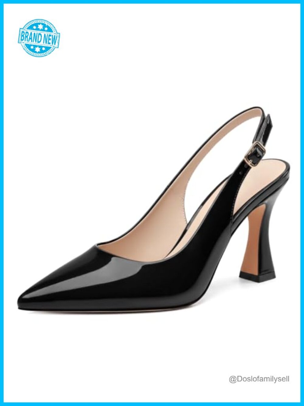Slingback Heels Pointy Toe Patent Leather Adjustable Strap 3.5 Inch Dress Pumps
